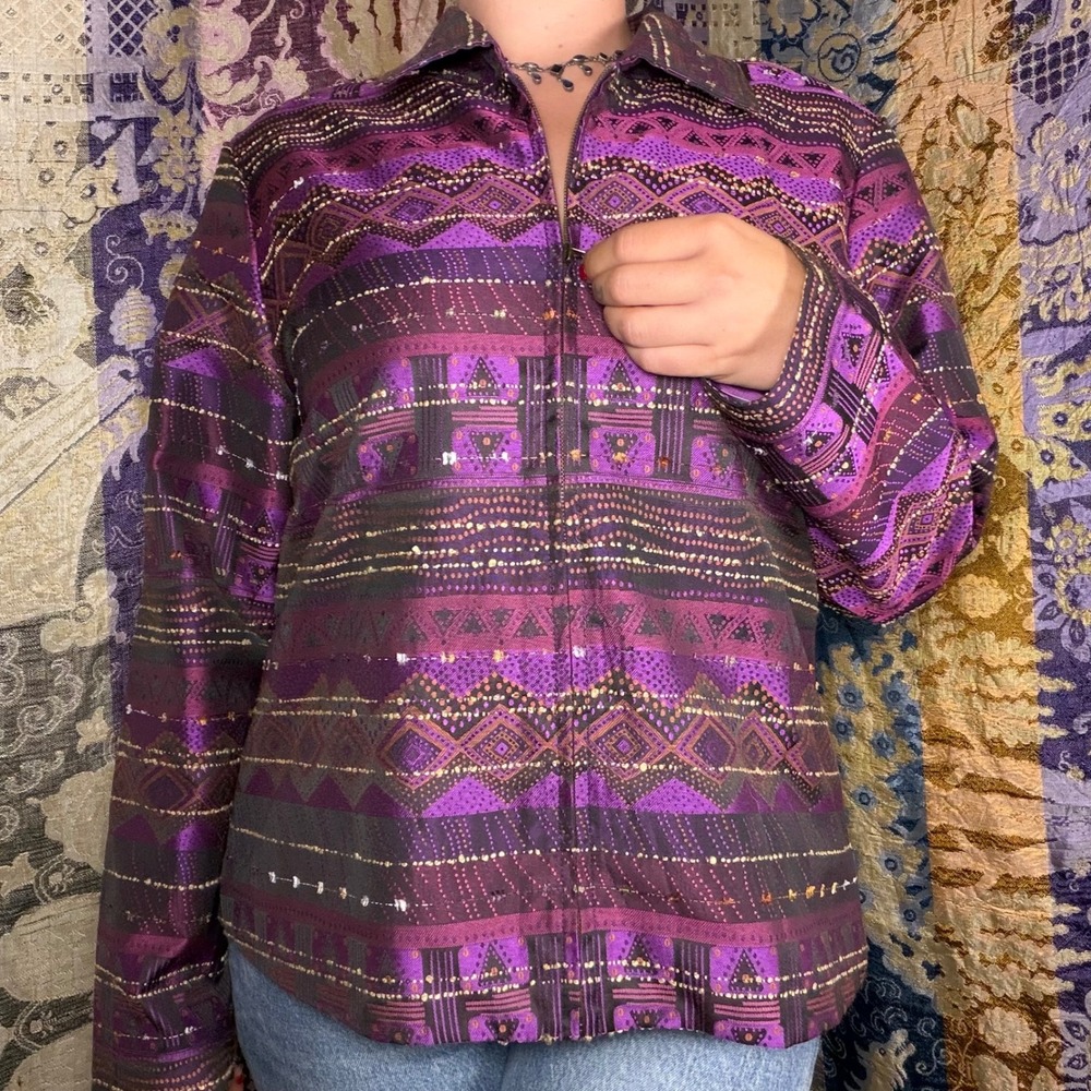 Purple Embroidered Southwest Whimsy Boho Indie Zip Up Jacket Women's Size L